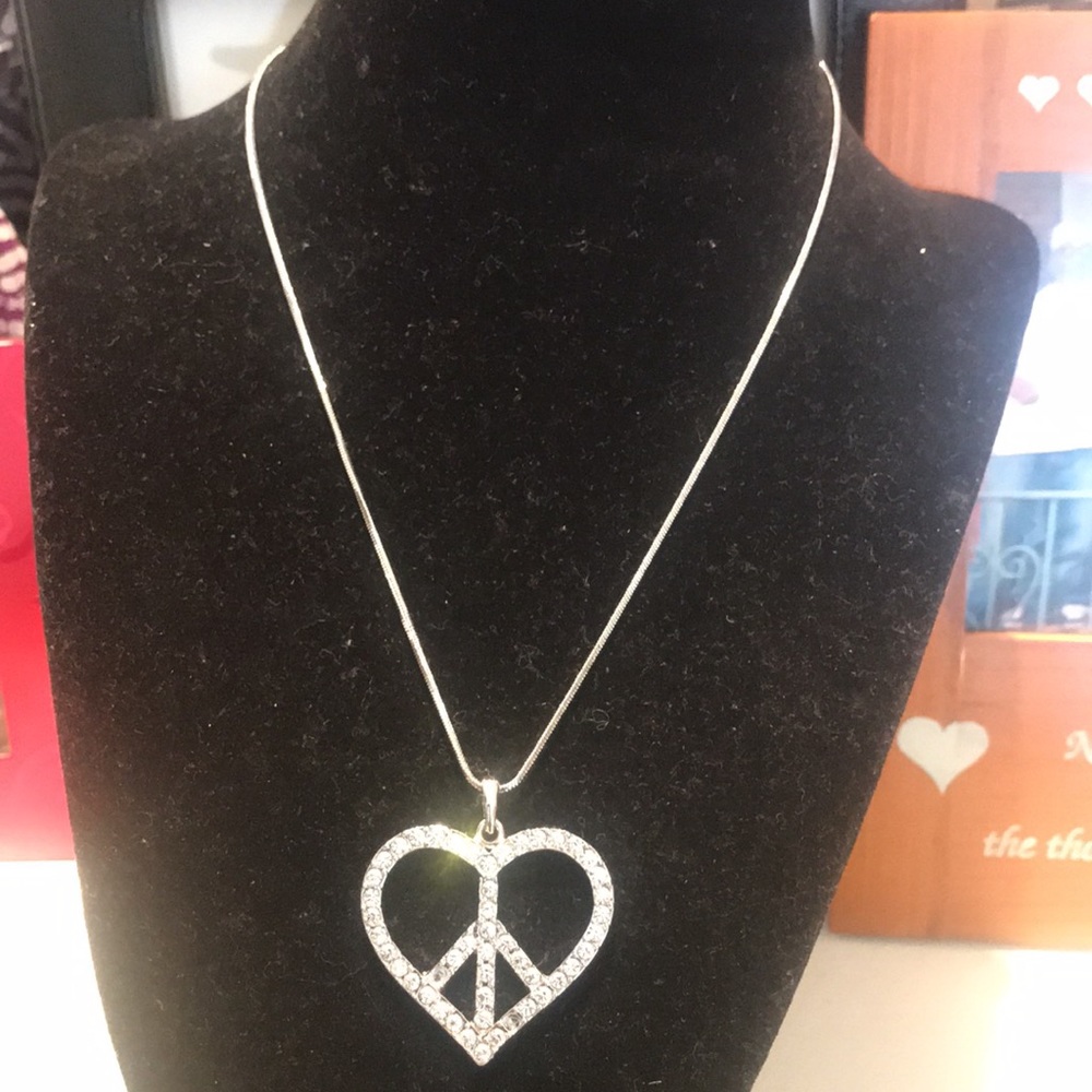 New silver plated heart peace sign necklace